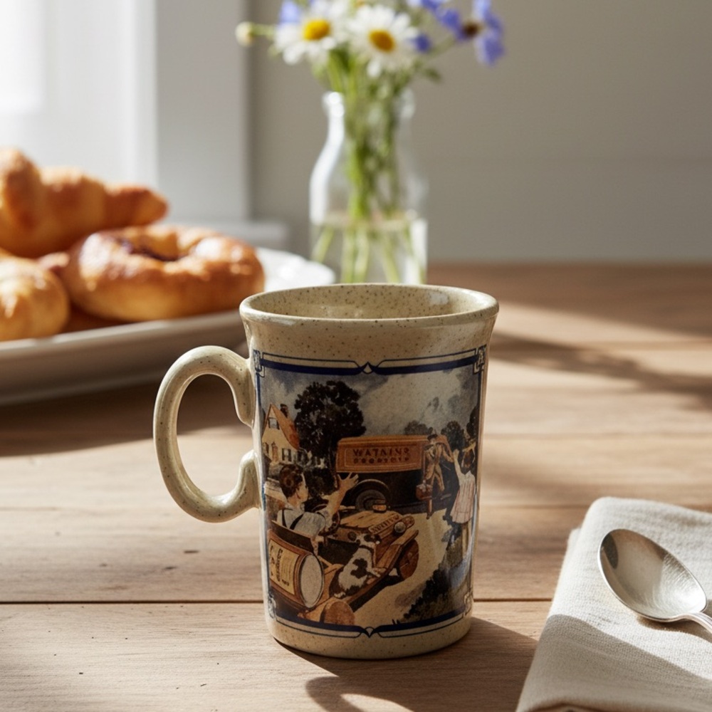 Vintage Watkins 1936 Almanac Stonewear Mug Salesman Boy in Car and Girl Waving